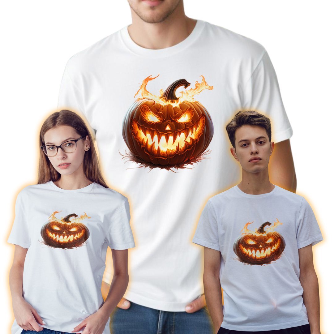 Biały T-SHIRT HALLOWEEN koszulka z nadrukiem DYNIA W OGNIU bawełna XXL