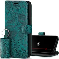 Etui i futerały do telefonów - SURAZO Etui na telefon komórkowy Samsung Galaxy A55 ze skóry – składane etui ochronne z prawdziwej skóry [magnes, przegródka na karty, ochrona RFID, kwiatowy wzór] etui z klapką (turkusowe) - miniaturka - grafika 1