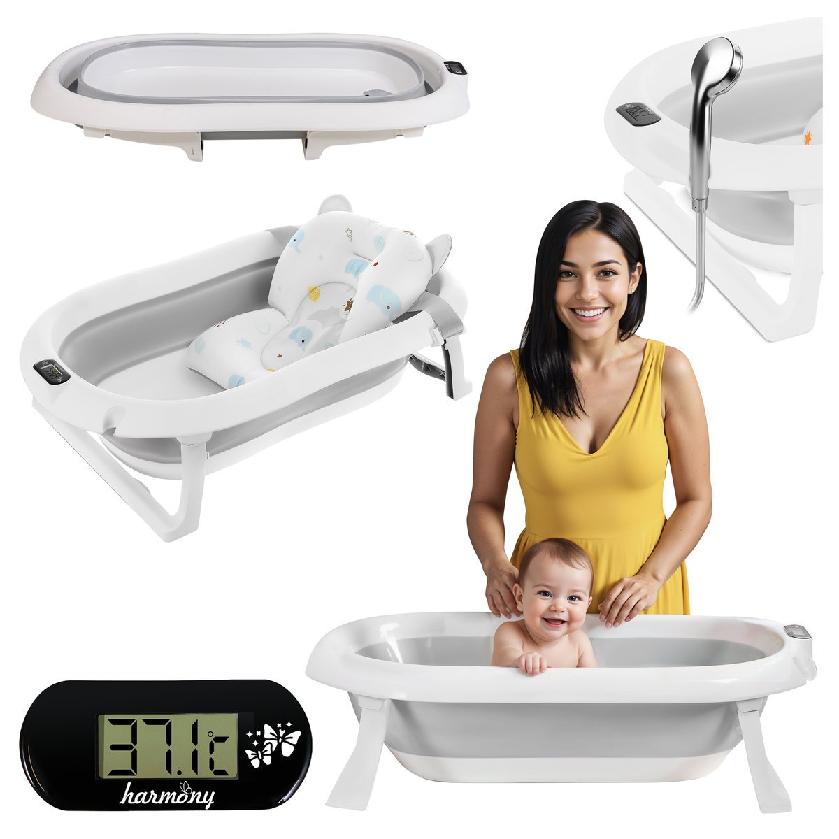 WANIENKA DZIECIĘCA Z TERMOMETREM HARMONY SZARA + PODUSZKI SŁONIKI