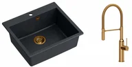 Zlewozmywaki z baterią - Quadron Zlewozmywak granitowy jednokomorowy 57*50*22 cm MORGAN 110 BLACK DIAMOND z miedzianym odpływem z baterią MARILYN Q LINE z ruchomą wylewką kolor miedziany - miniaturka - grafika 1