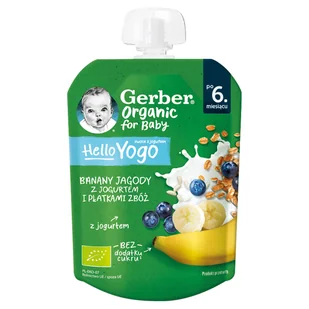 Gerber Organic Deser w tubce banany jagody z jogurtem i płatkami zbóż po 6 miesiącu 80 g - Desery dla dzieci - miniaturka - grafika 1