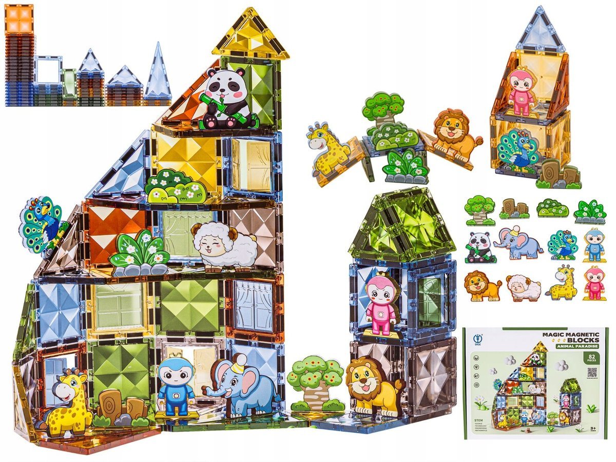 Klocki Konstrukcyjne Magnetyczne 82el. Zwierzęta Figury Budowlane