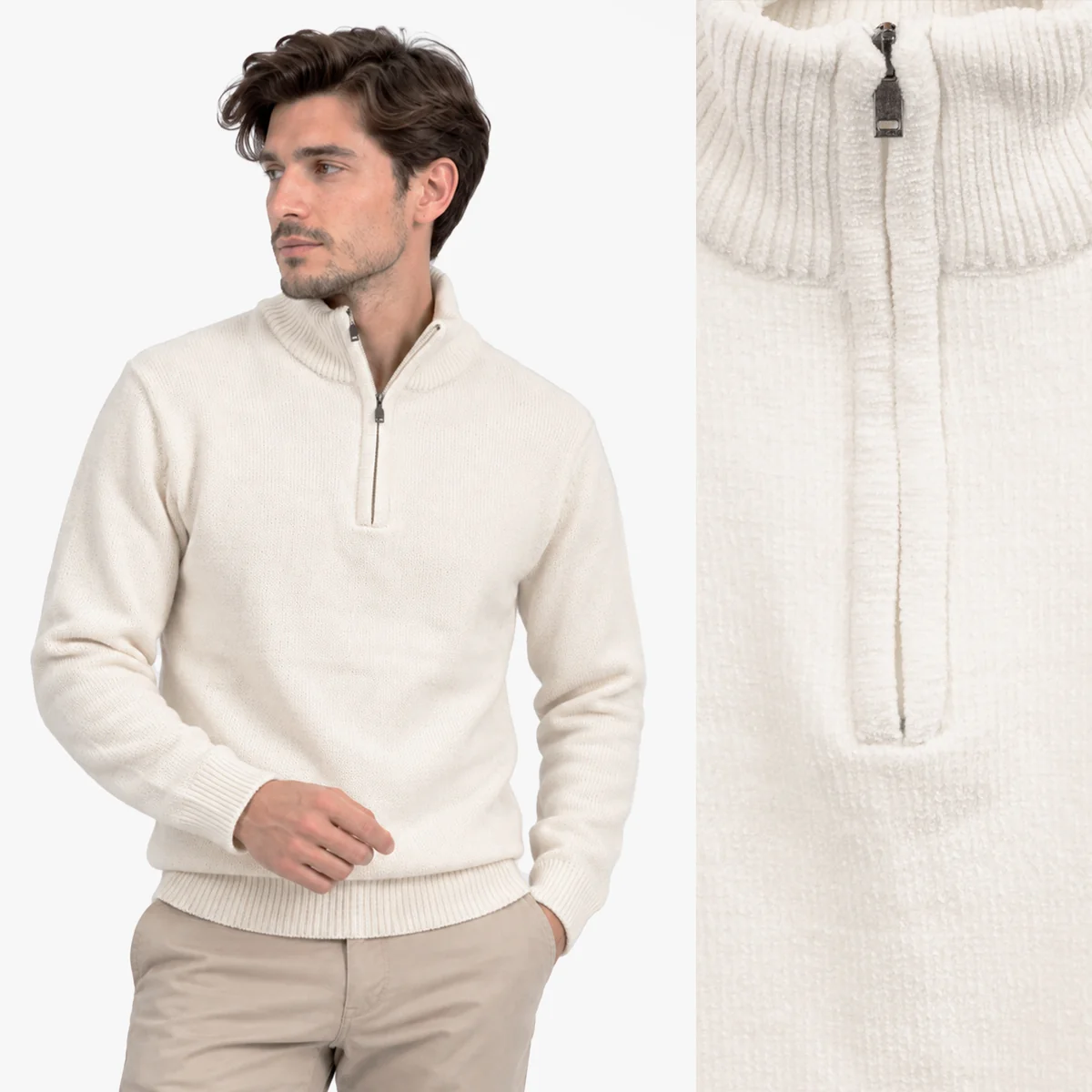 Sweter męski biały półgolf na półzamek delikatnie grubszy casual LD-69066-8-WHITE M
