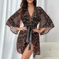 Szlafroki damskie - Szlafrok w panterkę z rękawkami - Brązowy - miniaturka - grafika 1