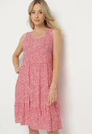 Sukienki - Czerwona Rozkloszowana Bawełniana Sukienka z Falbanami w Kwiaty Zeolane - miniaturka - grafika 1