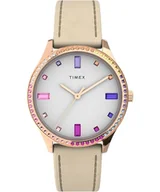 Paski - Timex Sukienka damska 32 mm zegarek - brązowy skórzany pasek biała tarcza etui w kolorze różowego złota TW2Y06500, Różowe złoto odcień - miniaturka - grafika 1