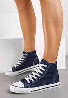 Trampki damskie - Granatowe Trampki na Płaskiej Podeszwie za Kostkę z Perforacją Xelagia - miniaturka - grafika 1