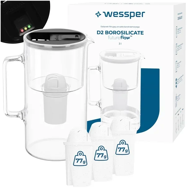 Szklany dzbanek filtrujący Wessper D2 BOROSILICATE futureflow 3l + 4x filtr