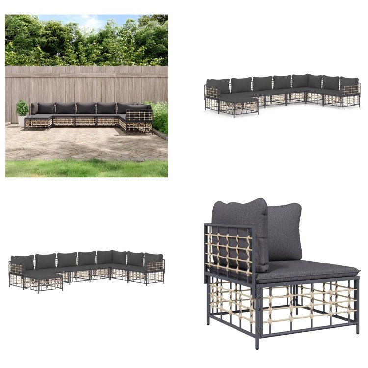 vidaXL 8-częściowy zestaw wypoczynkowy do ogrodu z poduszkami antracytowy rattan - Zestaw wypoczynkowy do ogrodu - Zestawy wypoczynkowe do ogrodu - Zestaw wypoczynkowy - Meble ogrodowe