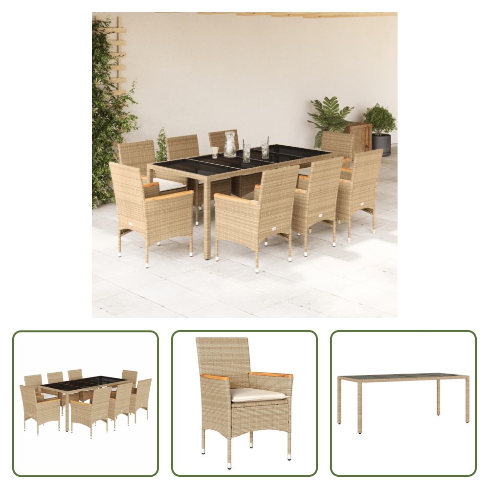 The Living Store 9-częściowy ogrodowy zestaw jadalniany z poduszkami Beige Poly Rattan Glass