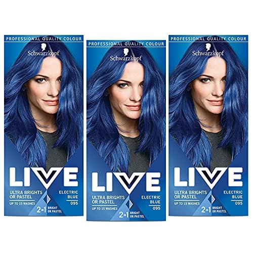 Schwarzkopf Live Ultra Brights or Pastel Farba do włosów 2w1 półtrwała do 15 myć 095 Elektryczny Błękit, trójpak (3x142 ml)