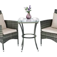 Meble ogrodowe - 3-częściowy zestaw mebli ogrodowych z polirattanu ze szklanym stołem i poduszkami, meble rattanowe, zestaw do siedzenia, zestaw balkonowy (beżowy) - miniaturka - grafika 1