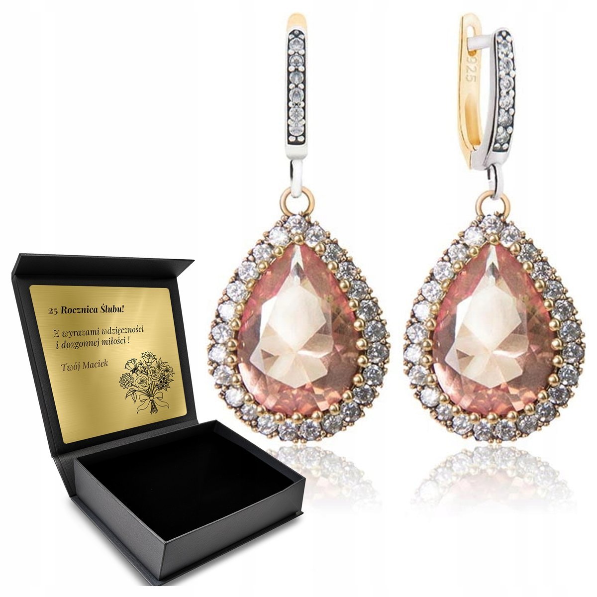 Kolczyki Srebrne 925 Z Cyrkoniami I Morganitem Dla Kobiety + Grawer