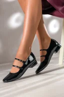 Baleriny - Czarne baleriny damskie lakierowane Mary Jane z paskami niski obcas klocek Carla ZR84K - miniaturka - grafika 1