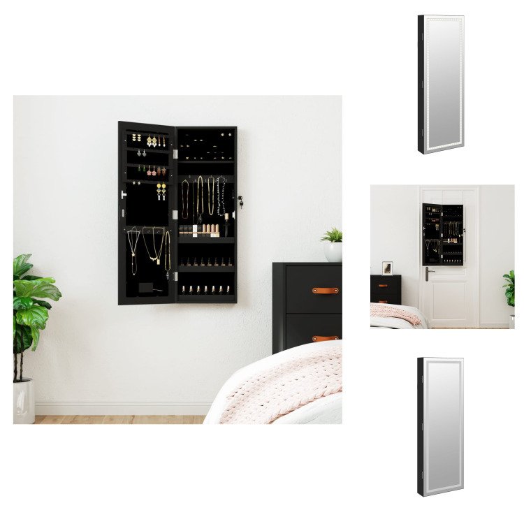 vidaXL Lustrzana szafka na biżuterię z oświetleniem LED do montażu na ścianie, czarna - Lustro