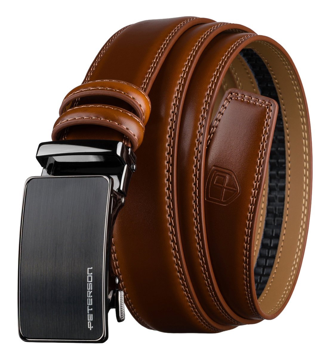Pasek męski automatyczny PETERSON skórzany elegancki czarna klamra casualowy do garnituru brązowy