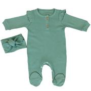 Pajacyki dla niemowląt - Komplet niemowlęcy bawełna prążkowana pajac opaska zielony - miniaturka - grafika 1