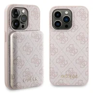 Etui i futerały do telefonów - Zestaw etui Guess 4G Metal Logo na iPhone 14 Pro + powerbank 5000mAh MagSafe - różowy - miniaturka - grafika 1
