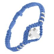 Bransoletki - Niebieska pleciona bransoletka, lśniący stalowy krzyż i kółeczka, regulowana - Biżuteria e-shop - miniaturka - grafika 1