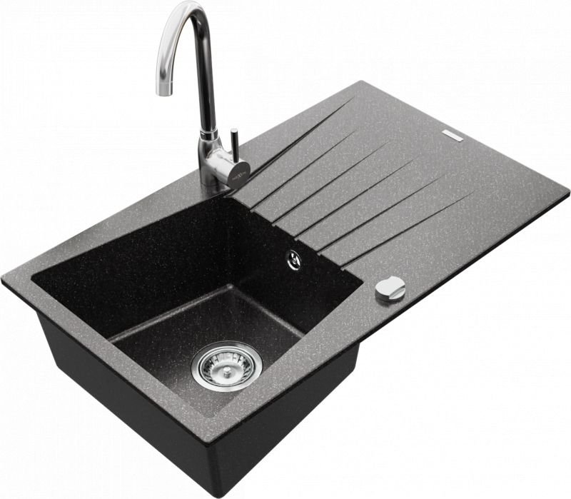 Mexen Zlewozmywak  Cesar granitowy 1-komorowy z ociekaczem i baterią kuchenną Telma, czarny nakrapiany - 6514-76-670200-00