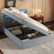 Łóżka - Flieks hydrauliczne łóżko tapicerowane 90x200cm z LED, łóżko do przechowywania ze stelażem listwowym, łóżko młodzieżowe pojedyncze łóżko na sprężynach z miejscem do przechowywania, aksamit, szary - miniaturka - grafika 1
