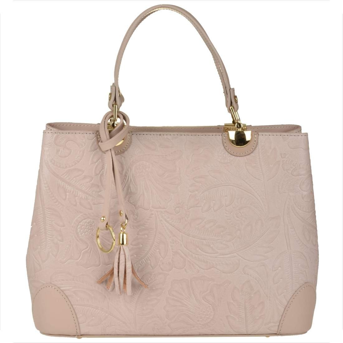 Skórzana torebka shopper róż pudrowy tłoczone kwiaty