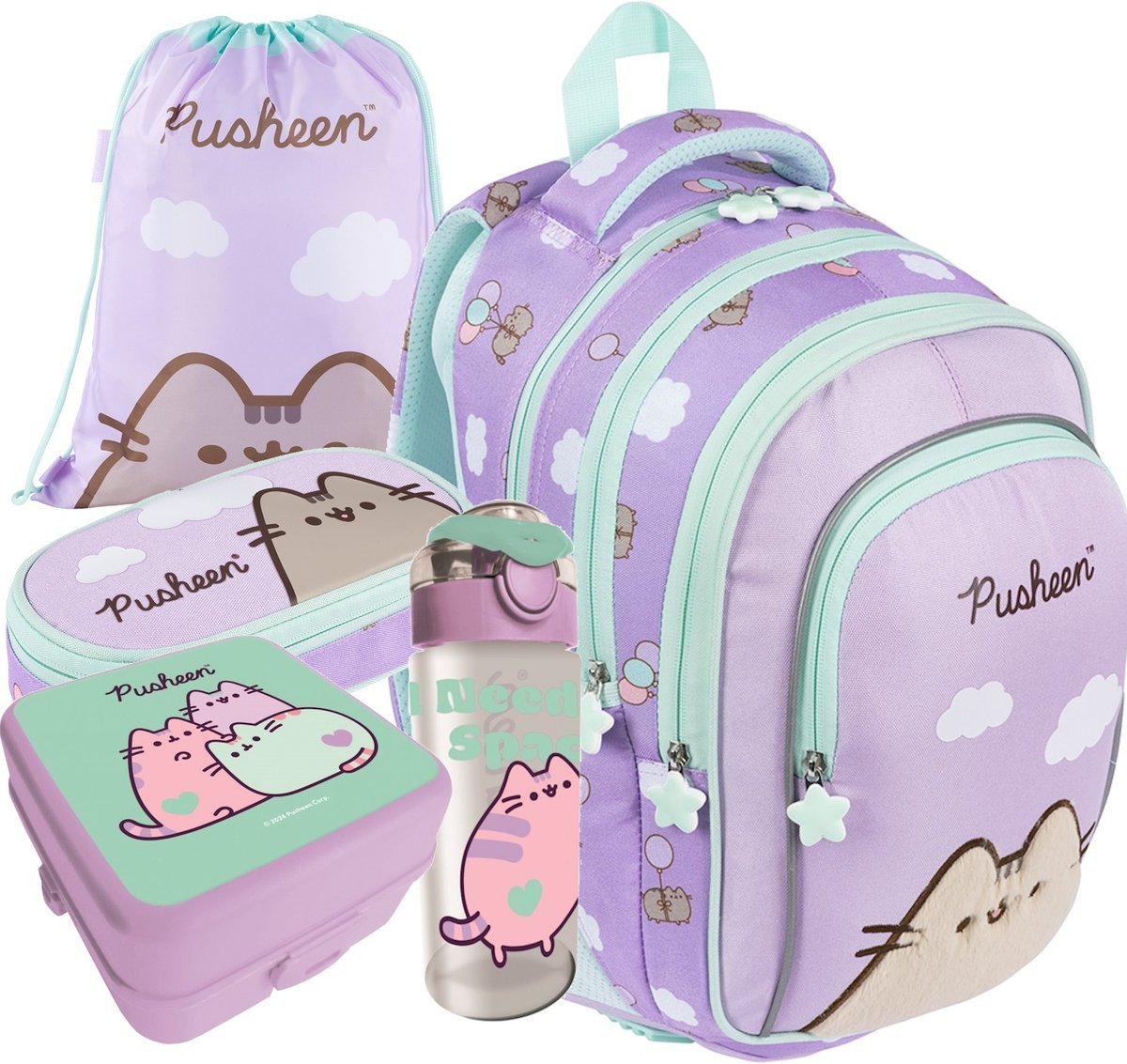 ZESTAW Szkolny Plecak Tornister Kotek Pusheen Violet Fioletowy 5 Elementów