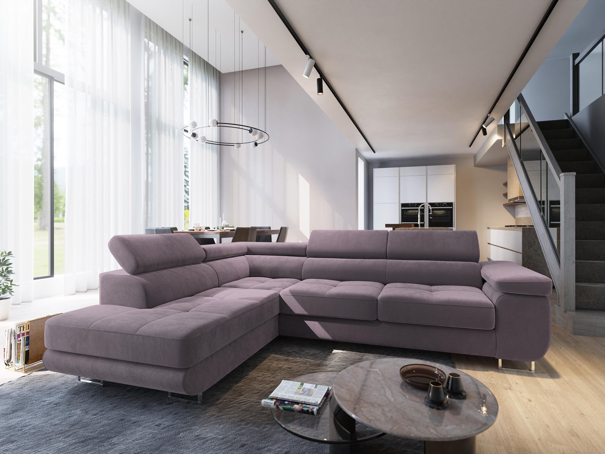 Masseno Narożnik SELVA L-S z funkcją spania i pojemnikiem na pościel Kształt L, Rozkładana sofa, Rogówka - Pudrowy róż, MONOLITH 62