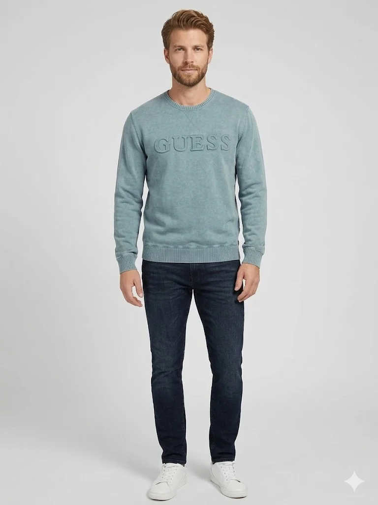 GUESS NIEBIESKI BAWEŁNIANY SWETER MĘSKI Z OKRĄGŁYM DEKOLTEM XL 12CA