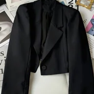 Marynarki i żakiety damskie - TEMU Czarna Krótka Marynarka Damska - Szykowna Marynarka do Biura i na Imprezę, Strukturalna Marynarka z Długim Rękawem dla Kobiet, Profesjonalne i - miniaturka - grafika 1