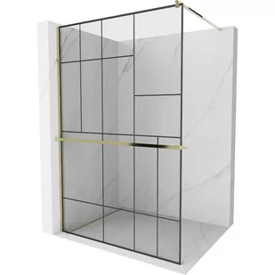 Mexen Kioto+ ścianka prysznicowa z półką i relingiem 90 x 200 cm, transparent/czarny wzór 8 mm, złota - Ścianki i drzwi prysznicowe - miniaturka - grafika 1