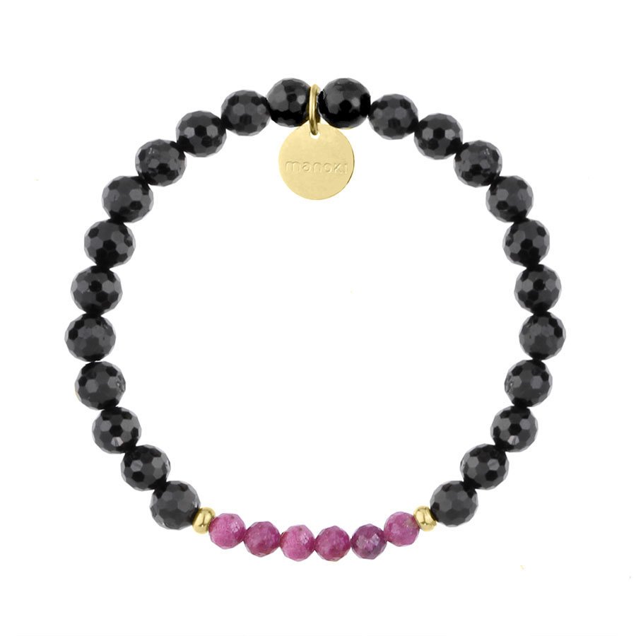 Bransoletka damska fasetowane czarne koraliki turmalinu i różowe rubiny.