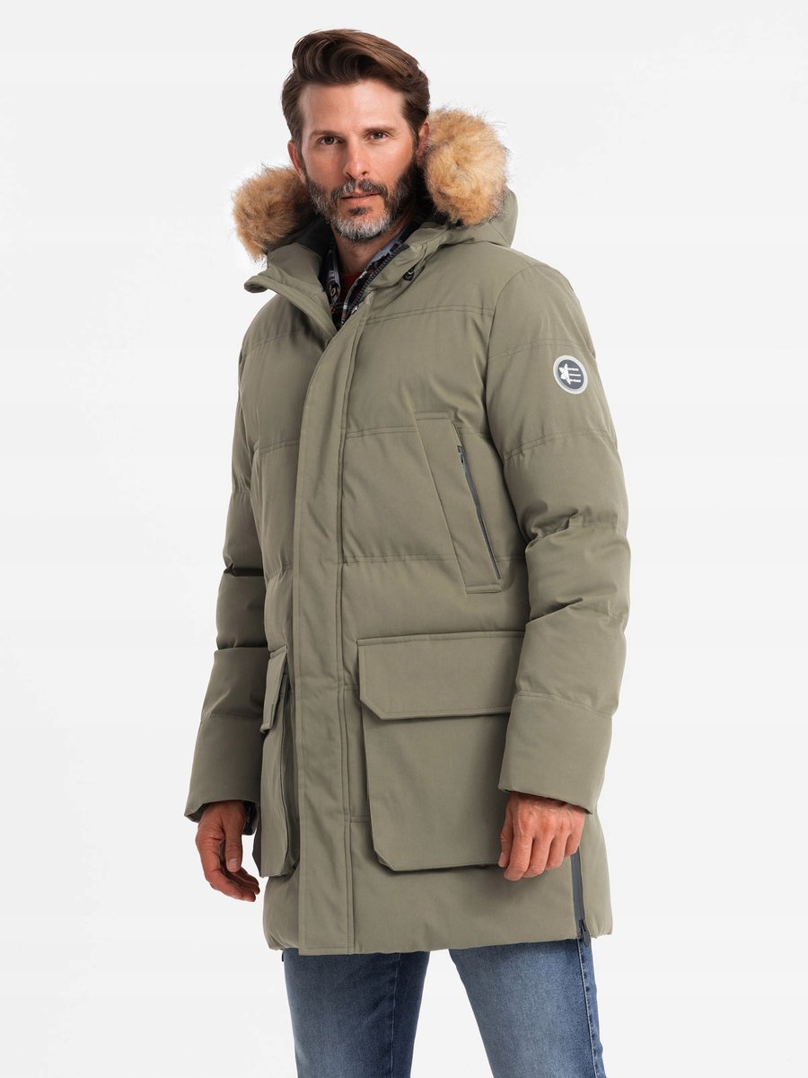 Długa męska kurtka parka ciemnooliwkowa V4 OM-JALJ-0184 XL