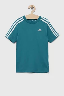 Koszulki dla dziewczynek - adidas t-shirt bawełniany dziecięcy kolor turkusowy z aplikacją - grafika 1