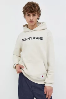 Bluzy męskie - Tommy Jeans bluza bawełniana męska kolor beżowy z kapturem z nadrukiem - grafika 1