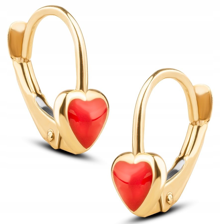 ŚLICZNE ZŁOTE KOLCZYKI DLA DZIEWCZYNKI CZERWONE SERDUSZKA SERCA 14KT 585