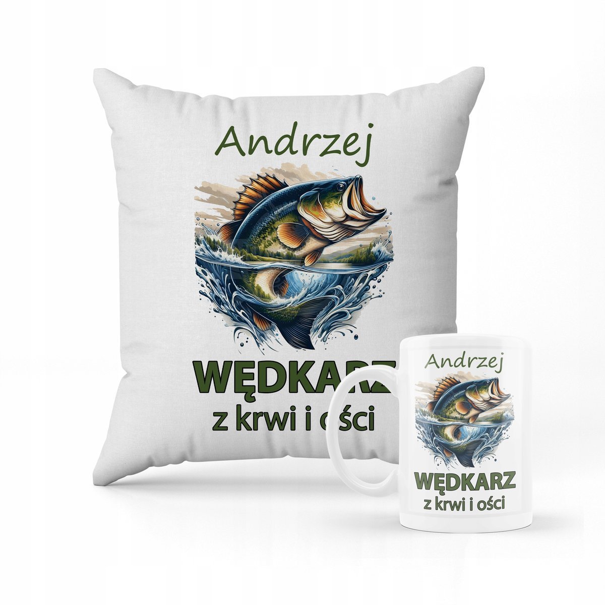 ZESTAW PODUSZKA + KUBEK Prezent dla wędkarza + IMIĘ 6