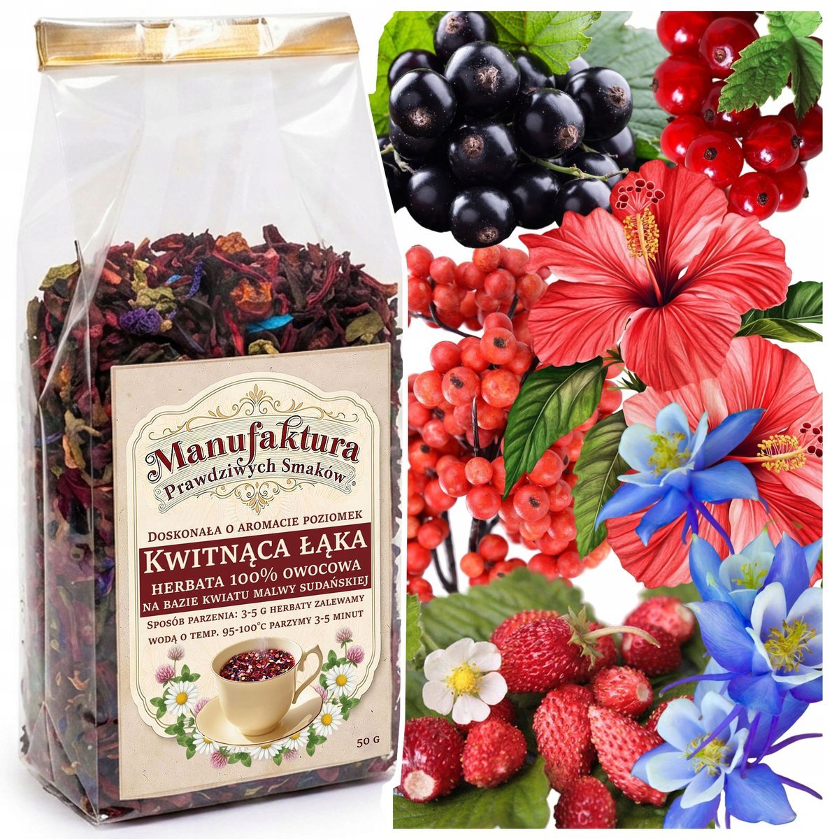 HERBATA OWOCOWA KWITNĄCA ŁĄKA 50g HIBISKUS CZERWONA PORZECZKA JARZĘBINA