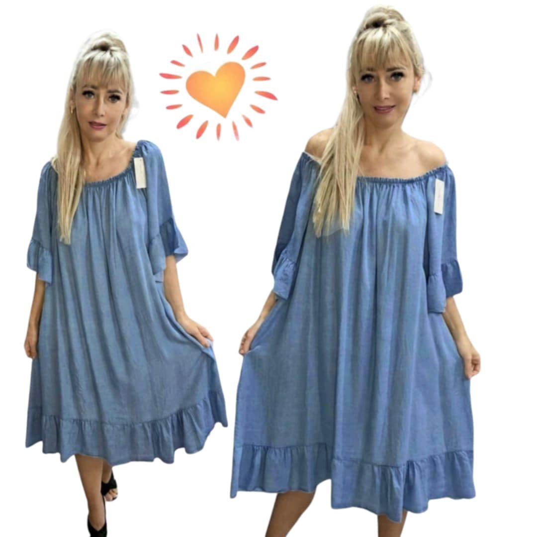 JEANSOWA HISZPANKA FALBANA modna sukienka na lato luźna piękna 54 56 7XL
