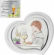 Dewocjonalia - Obrazek srebrny na białym drewnie chłopiec Grawer Pamiątka na I Komunia Św. z Dedykacją - miniaturka - grafika 1