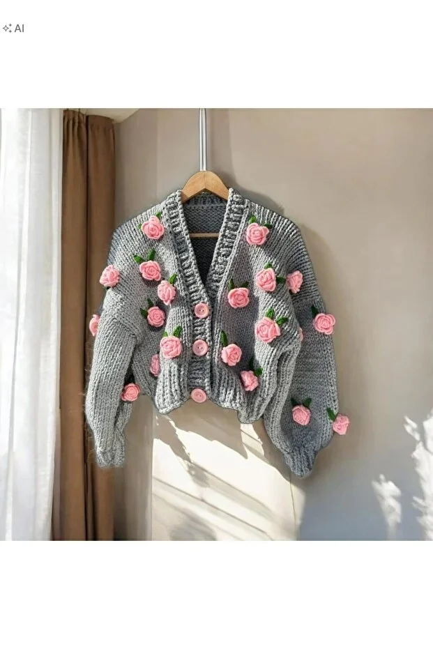 GRUBY PLECIONY SWETER Z RÓŻOWYMI KWIATAMI BOHO S 5IA