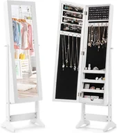 Biżuteria - akcesoria - Obrotowa szafka na biżuterię, stojak na biżuterię z uchylnym pełnowymiarowym lustrem, schowek na biżuterię z drzwiczkami i stojakiem, dużo miejsca do przechowywania kolczyków, pierścionków, naszyjników, kosmetyków i bransoletek (biały) - miniaturka - grafika 1