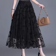 Spódnice - TEMU 1 szt. Elegancka Damska Spódnica A-Line w Długości Podłogi z Siatki, Rozkloszowanym Dołu i Falbankowym Wielowarstwowym Designem - Kawa/Brązowy - miniaturka - grafika 1