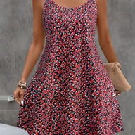 Sukienki - TEMU Letnia Sukienka Plażowa Bez Rękawów dla Kobiet – Czerwono-Biała z Kwiatowym Wzorem, Okrągły Dekolt na Spaghetti, Elastyczny Materiał do Prania w - miniaturka - grafika 1