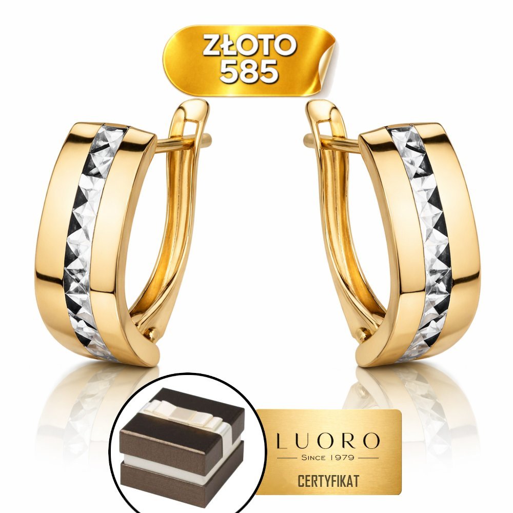 KOLCZYKI ZŁOTE 585 14K PROSTOKĄT DIAMENTOWANIE GŁADKIE BRZEGI ANGLIELSKIE ZAPIĘCIE 13,5X5,7 MM