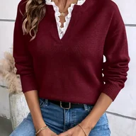 Swetry damskie - TEMU Elegancki Czerwony Sweter z Dekoltem w Serek dla Kobiet z Białą Koronką - Miękki, Przytulny Pulower na Jesień i Zimę, Idealny do Codziennych lub - miniaturka - grafika 1