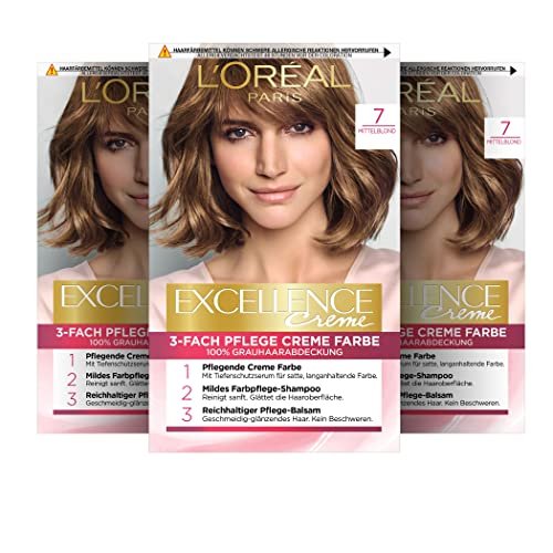 L'Oréal Paris Trwała farba do włosów, 100% pokrycie siwych włosów, zestaw do farbowania włosów z koloryzacją, szamponem i 3-krotną pielęgnacją kremową farbą, krem Excellence, 7 średni blond, 3 x 268 g