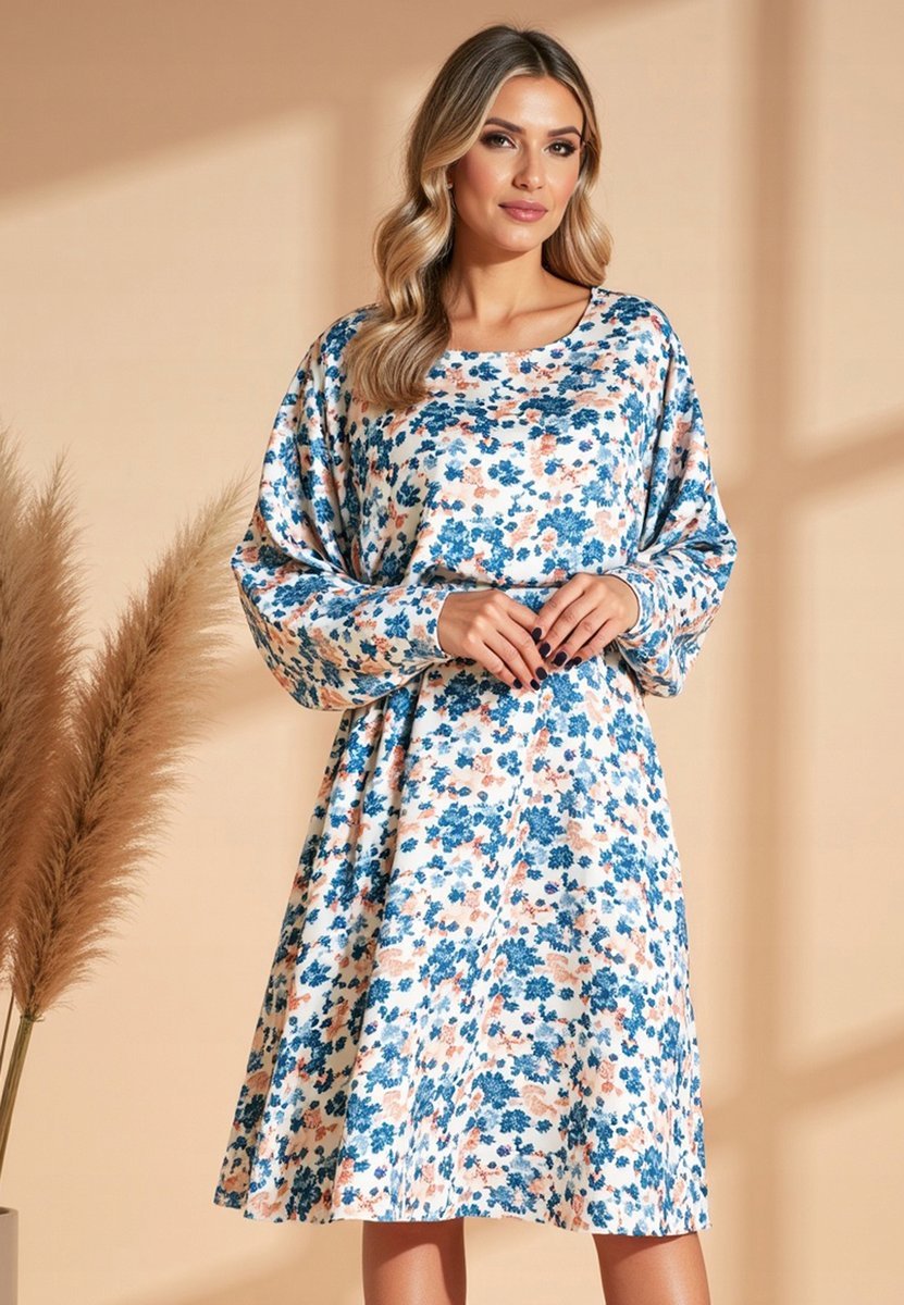 Sukienka z bufiastymi rekawami Niebieska sukienka w kwiaty M1128 S/M