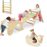 Place zabaw - 6w1 Zjeżdżalnia-Trójkąt Wspinaczkowy Montessori z Drewnianą Drabinką Trójkątną i Huśtawką w Kształcie Lwa Morskiego, dla Dzieci 3-14 lat, Maks. 60 kg - miniaturka - grafika 1