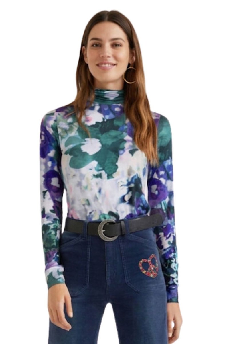 Bluzka damska Desigual Inaya z golfem niebieska wzorzysta -S